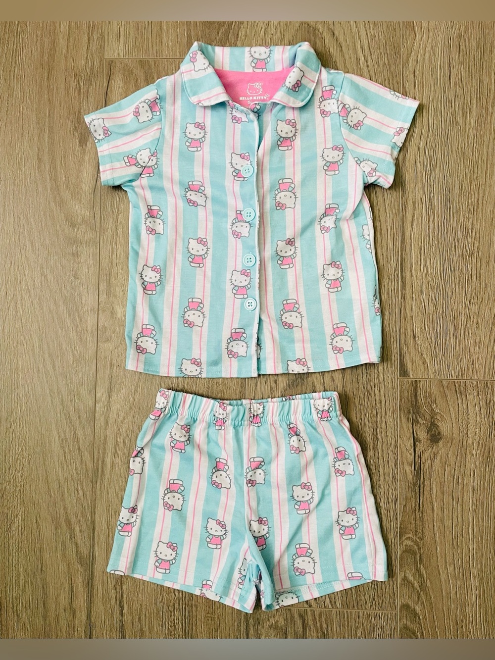 Hello Kitty Toddler Girl Pajama Set 4 Mint White Button Down Top Shorts Casual